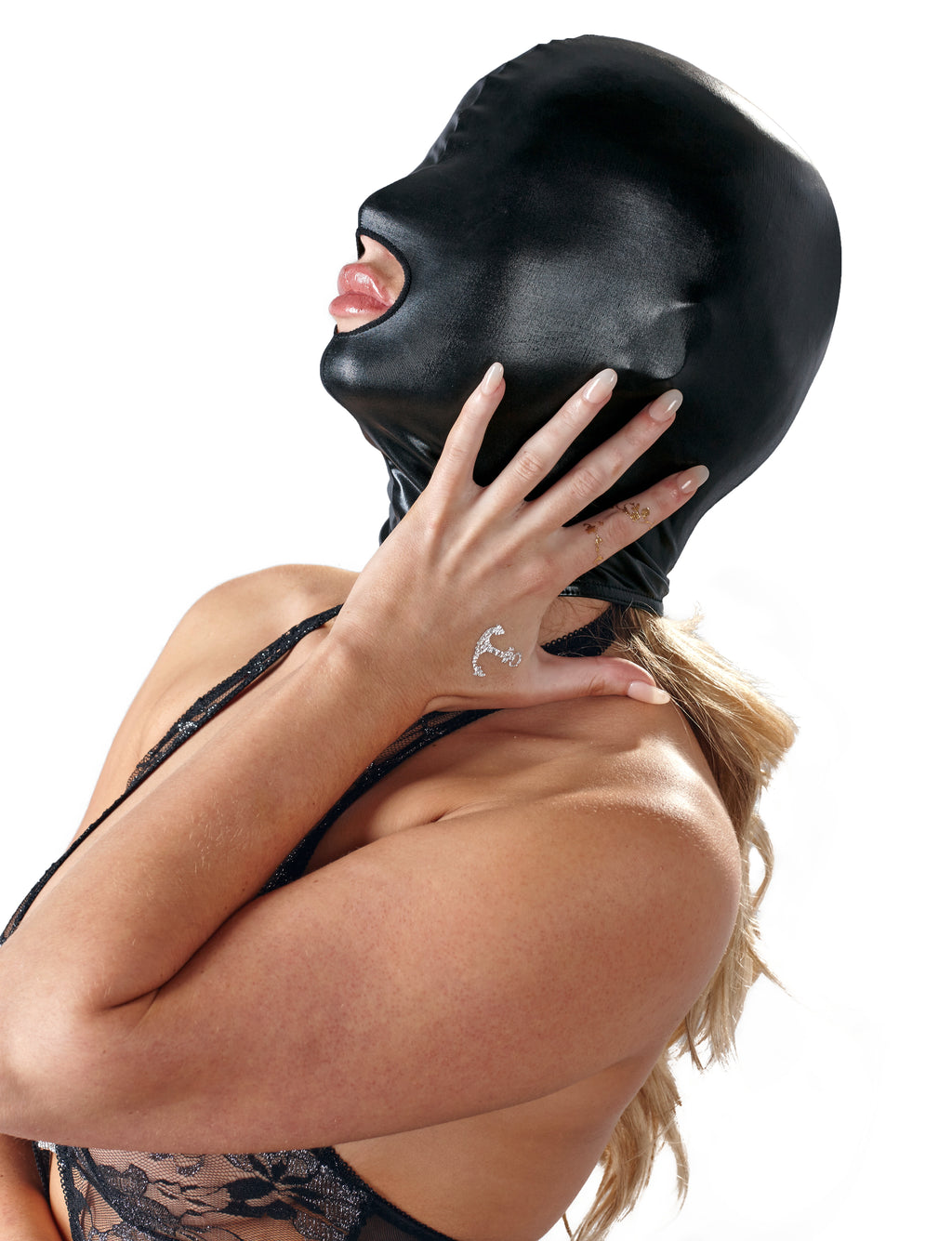 Spīdīga BDSM maska ar mutes atvērumu