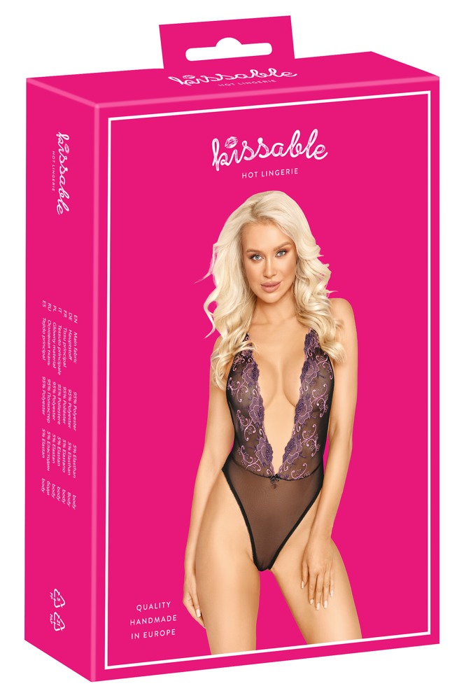 Izšūts bodijs "Kissable", melns, L/XL